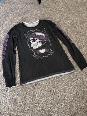 Affliction REVERSIBLE thermal styled shirt Unisex L skulls roses motor club Y2K
